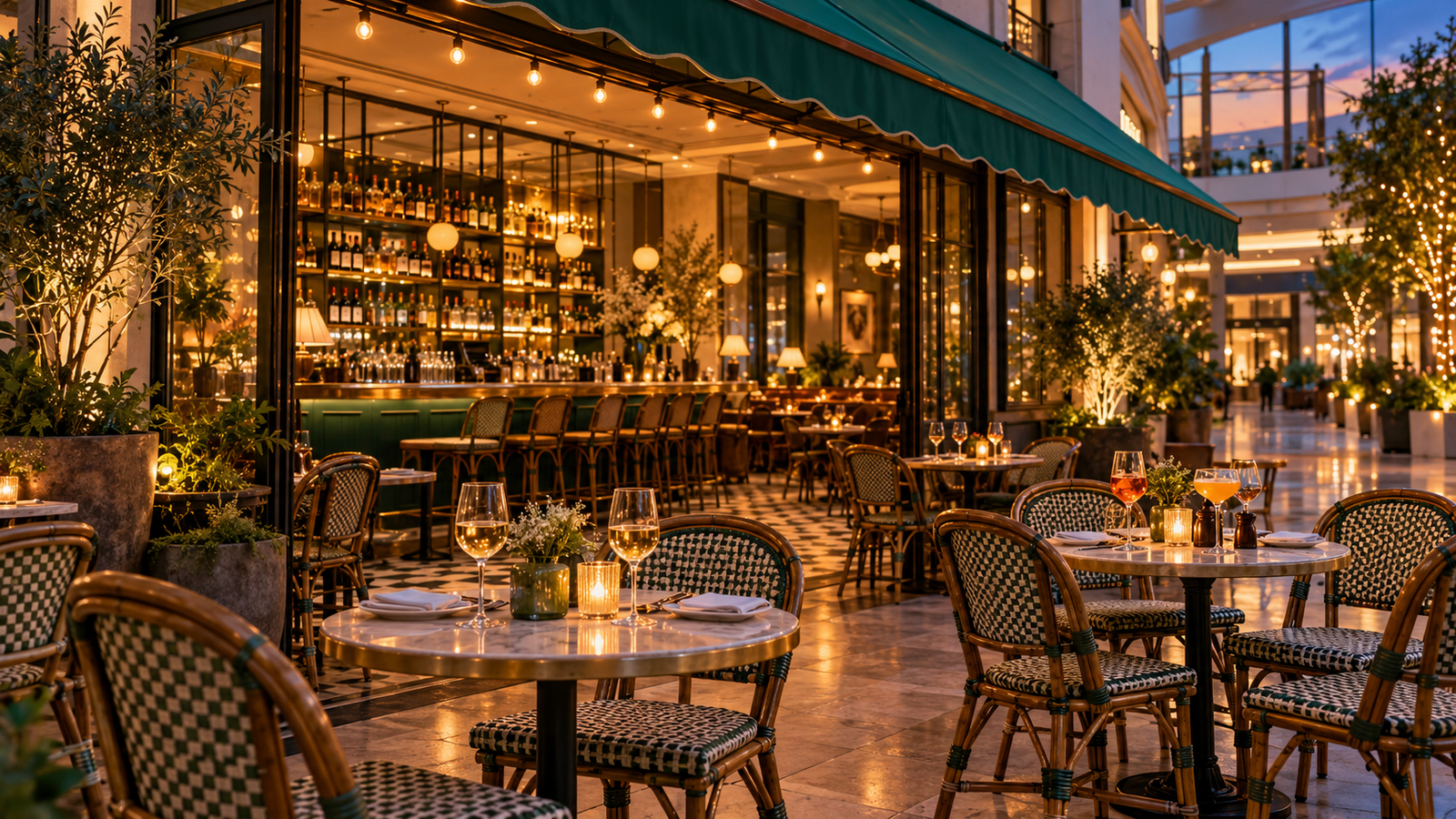 Brasserie do RioMar ao entardecer, com toldo verde, mesas de bistrô e luzes quentes