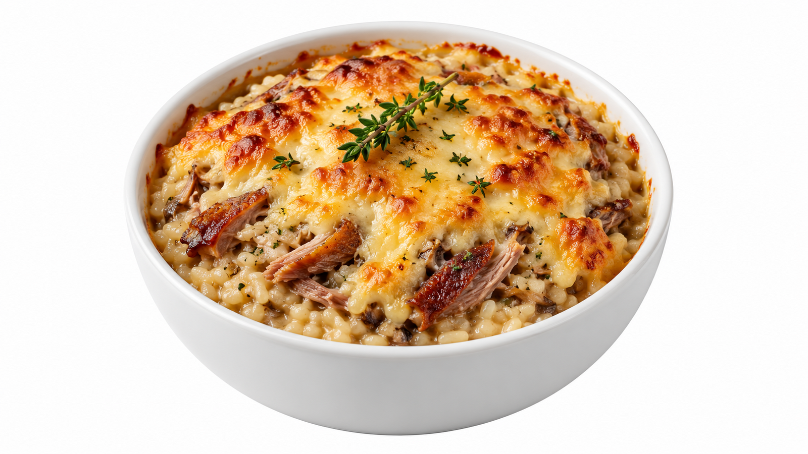 Risotto de pato gratinado em tigela branca